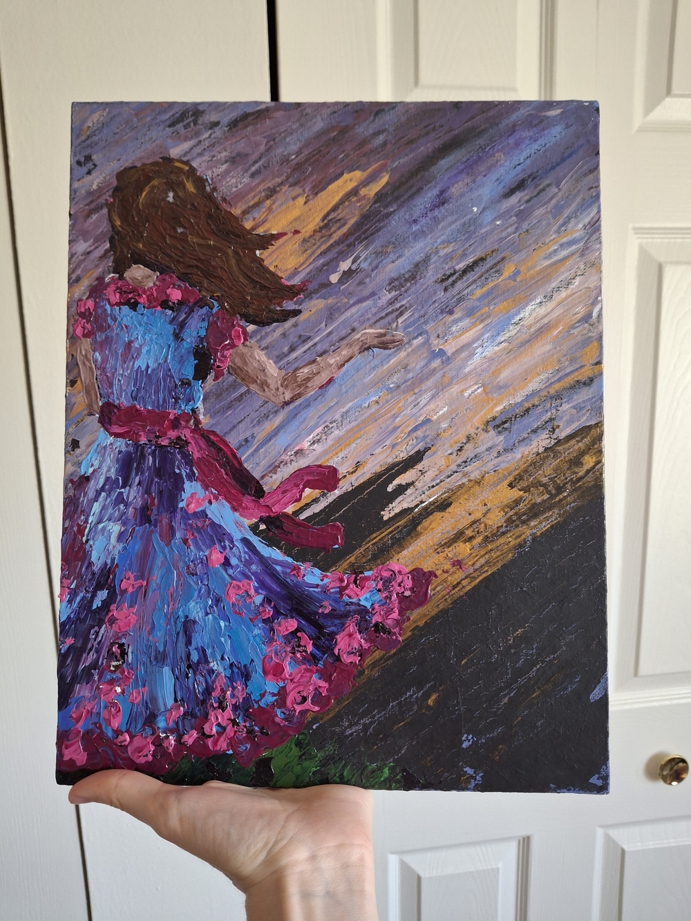 Vibrant Blue & Pink Girl in Dress Original Canvas Art